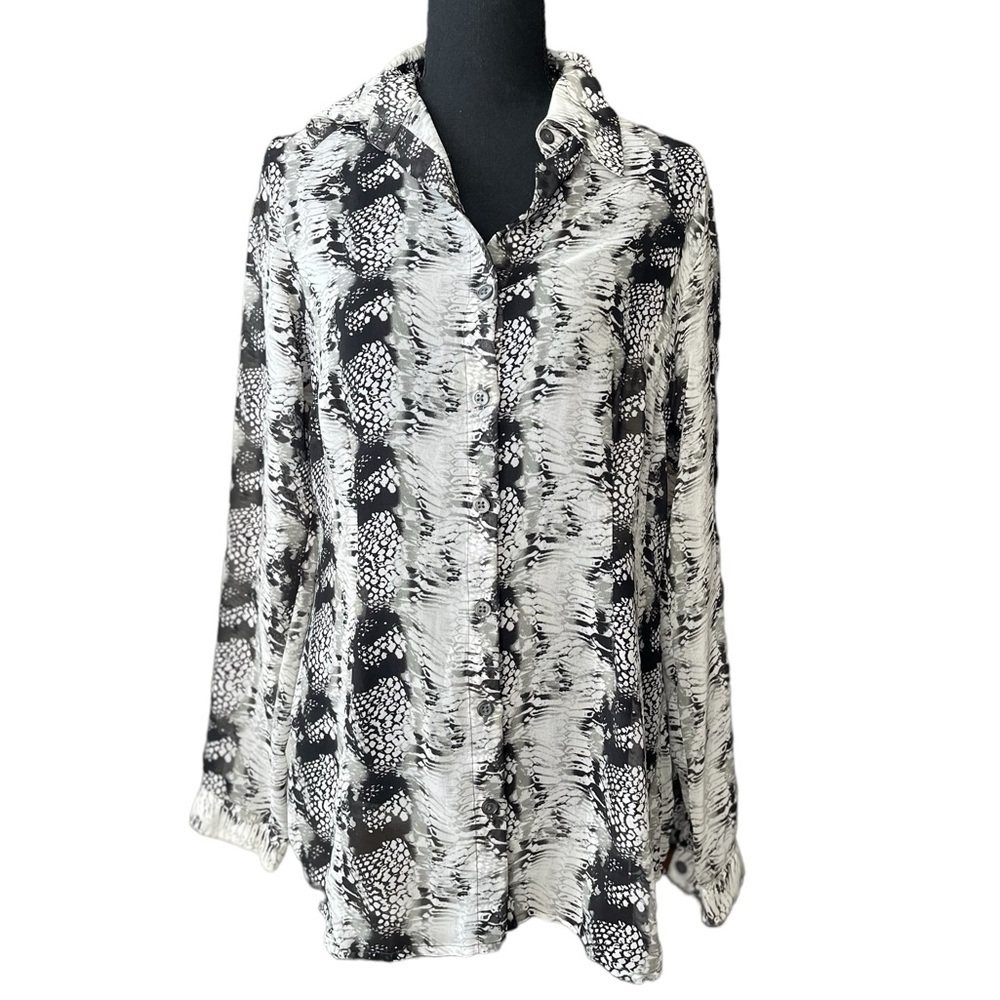 CAbi Snakeskin Blouse #988, Size S, Black/White, Button down, Sheer